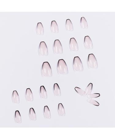 24pcs Press On Nails Medium False Nail Natural Fake Nail with Nail Glue and Adhesive Taps Faux Ongles Coffin Nude Black French Style Smile Lines - Buy Online on GoSupps.com