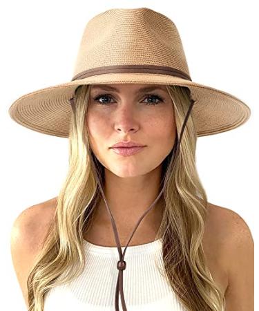 Womens Summer Straw Sun Hats Wide Brim Panama Fedora Beach Hat with Wind Lanyard UPF 50+ Khaki Medium-Large - Buy Online on GoSupps.com