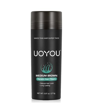 UOYOU MEDIUM BROWN Hair Fibres for Thinning Hair 27.5g Bottle | Undetectable & Natural Keratin Hair Fibers Concealer for Hair Loss for Men and Women | Hair Building Fibres Powder MEDIUM BROWN 27.50 g (Pack of 1) Medium Brown