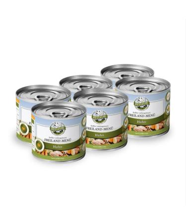 Bellfor Freiland-MenĂ¼ is a grain-free wet food for dogs based on chicken, weighing 6 x 200 g, without grains or added sugar.