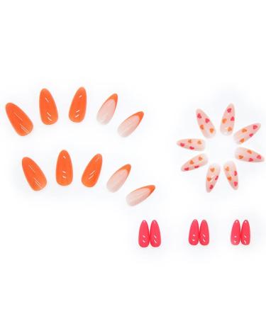 Runrayay Red & Orange French Press On Nails - Almond Shape Love Design for Women & Girls | Full Cover Nude Nail Tips - Buy Online on GoSupps.com