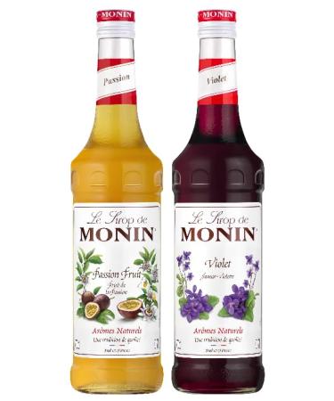 MONIN - Assorted Passion Fruit Syrup and Violet Syrup for Cocktails Iced Teas and Lemonades - Natural Flavors - 2x70 cl