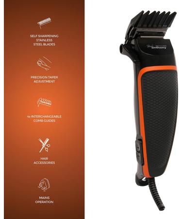 Paul Anthony 'Pro Series P200' Corded Hair Clipper - Lightweight - Self Sharpening Stainless Steel Blades - 4X Comb Guides - Precision Taper - Powerful Quiet Motor - Black/Orange - H5124 - Buy Online on GoSupps.com