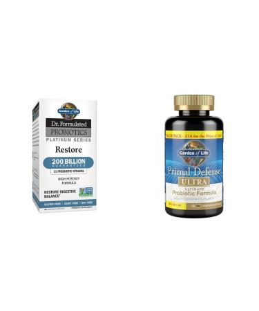Garden of Life Dr. Formulated Probiotics Platinum Restore 200 Billion & Primal Defense Ultra 216 Capsules Probiotic Digestive Immune Support