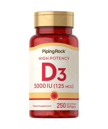 Piping Rock Vitamin D3 5000 IU | 250 Softgels | High Potency Supplement | Non-GMO Gluten Free
