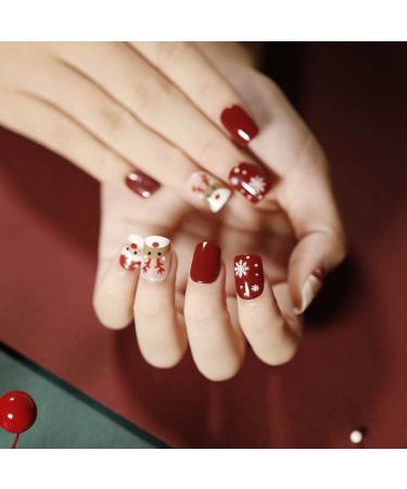 Bufenia 24Pcs Christmas Press on Nail Short Square Red Fake Nails Glitter Elk Snowflake False Nail Glossy Acrylic Full Cover Nails for Women and Girls (C)