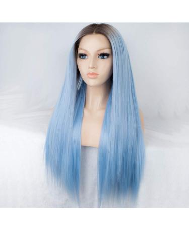 SHIYID Blue Wig for Women | Synthetic Lace Front Wig with Brown Roots | Long Straight Light Blue Hair - Buy Online on GoSupps.com