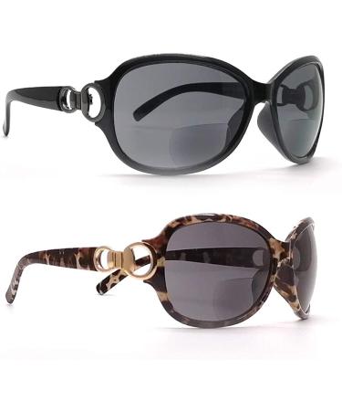 Bifocal Reading Sunglasses for Women - Vintage Street Fashion with Metal Decoration, UV Protection, 2 Pairs Black&Tortoise - Buy Online on GoSupps.com