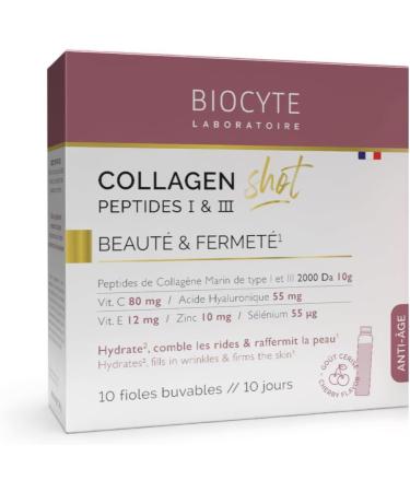 BIOCYTE Collagen Shot - Moisturizes Fills Wrinkles Firms Skin - Marine Collagen Hyaluronic Acid Vitamin C and E Zinc - 1 Vial per Day - 10 Day Program - Buy Online on GoSupps.com