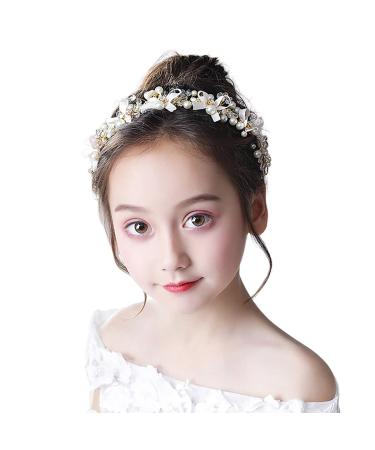 IYOU Princess Pearl Headpiece Gold Bowknot Headband Crystal Bridal Wedding Hair Accessories Holy Communion Hair Tiaras for Flower Girls