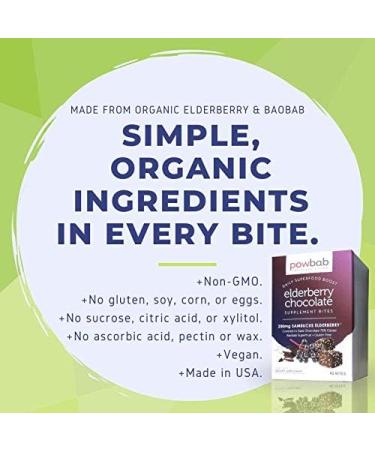 powbab Elderberry Chocolate Bites with Organic Sambucus Elderberry. 33% Less Sugar Than Elderberry Gummies. Organic Dark Chocolate 72% Cacao. Baobab Acerola Cherry (42 Count) - Buy Online on GoSupps.com