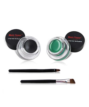 Music Flower Gel Eyeliner with 2 Brushes Set Waterproof Long Lasting Gel Liner Easy to Eye Makeup and Remove Pack of 2 Black & Green Green+Black