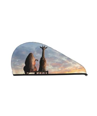 Elephant Giraffe On A Mountain Top Sunset Microfiber Hair Towel Soft Super Absorbent Hair Towel Wrap for Women Coral Velvet Quick Dry Hair Cap for Long Curly and Thick Hair