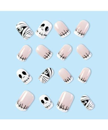 24Pcs Halloween Press on Nails - Mummy & Skull Designs - Short Glue On Full Cover Fake Nails for Women & Girls - Perfect Nail Art Decor for Halloween - Buy Online on GoSupps.com