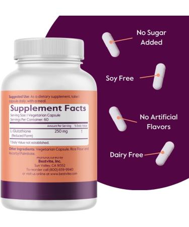 BESTVITE L-Glutathione 250mg (60 Vegetarian Capsules) - No Stearates - Vegan - Non GMO - Gluten Free - Buy Online on GoSupps.com