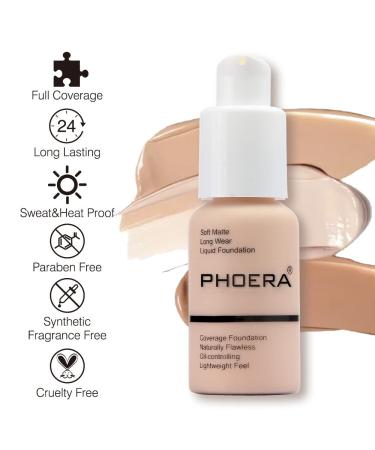 Phoera Full Coverage Foundation Soft Matte Oil Control Concealer 30ml, 24HR Long Lasting, with Makeup Primer for Flawless Finish - 102 Nude & Primer - Buy Online on GoSupps.com