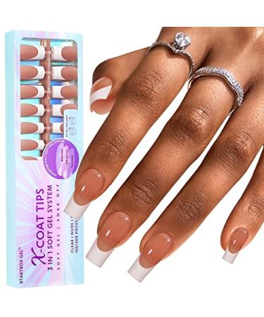 BTArtboxnails French Tip Gel Nail Tips Long Square  300pcs Brown Soft Gel Nail Tips  Unltra Fit French Tip Press On Nails 15 Sizes  No Need to File 3 in 1 X Coat Tips with Pre-applied Tip Primer & Base Coat Cover  Soak O...