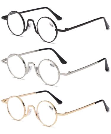 Vevesmundo round blue light filter reading glasses metal narrow nerd retro design anti blue light reading aid visual aid glasses 3 pieces of reading glasses (black+gold+silver) 3.0 x