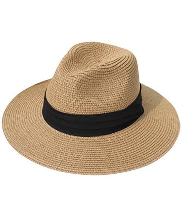 Lanzom Women Wide Brim Straw Panama Roll up Hat Fedora Beach Sun Hat UPF50+ Brown/Black One Size