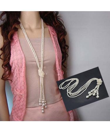 Baost Women Elegant Faux Pearl Tassel Pendant Long Chain Charms Sweater Necklace Imitation Pearl Strand Flapper Beads Rhinestone Ball Necklace Knotted Artificial Pearl Necklace Random