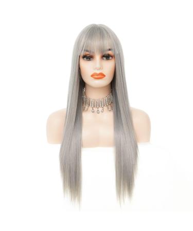 Siudus Women Grey Straight Long Wig with Bangs | Synthetic Heat Resistant Fiber for Daily Cosplay - International Shipping Available - Buy Online on GoSupps.com