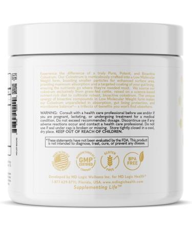 Colostrum by MD Logic Health for Immune Gut Joint & Muscle Health Support - Pure Potent Low Molecular Bioactive Colostrum - 180g - 60 Servings - Made in New York - Buy Online on GoSupps.com