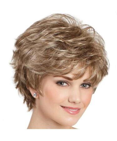 Short Brown Curly Wigs with Blonde Highlight Brown Pixie cut Wavy Wigs for White Women Layered Synthetic Full Wigs for Daily Party