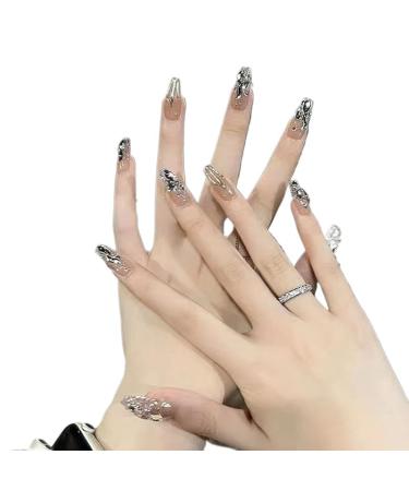 24Pcs False Nails rtificial Full Nail Tips Rhinestone Decor Nail Art with Design Press on Nails with Adhesive Tab for Women and Girls