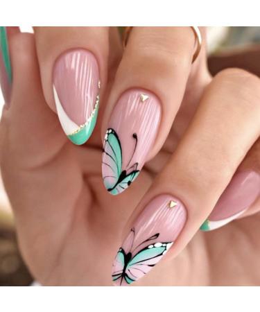 MENILITHS 24Pcs/Set Press On Nails French Green White Butterfly False Nails Acrylic Fake Nails Full Cover Nails Tips Artificial Finger Manicure Press on nails for Women and Girls