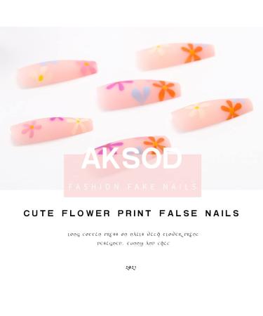 Colorful Matte Long Coffin Press on Nails - Pink Flower Design 24Pcs for Women and Girls - Buy Online on GoSupps.com