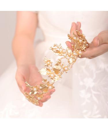 JWICOS Gold Tiara Crown for Women - Bridal Wedding & Prom Princess Tiara Crown - Elegant Floral Leaves Pearl Crown for Pageant & Halloween Costume - Buy Online on GoSupps.com