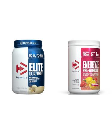 Dymatize Whey Protein and Pre Workout Combo Elite 100% Whey Protein Powder Gourmet Vanilla 26 Serve Energyze Pre Workout Powder for Men and Women Strawberry Lemonade Flavor 30 Servings