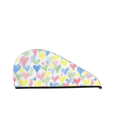 Hair Towel Wrap Hair Drying Towel with Button Towel Turban Head Towel to Dry Hair Quickly (Hand Drawn Colored Hearts)