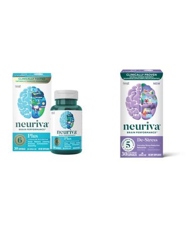 Neuriva Brain Support + De-Stress Bundle - Neuriva Plus Capsules (30ct Box) - Supports Memory Focus Concentration Neuriva De-Stress (30ct Box) - for Everyday Stress Reduction & Relaxation Brain De-stress bundle