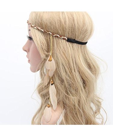 KINFENE Women Boho Style Festival Feather Headband Hippie Weave Hairband (Beige)