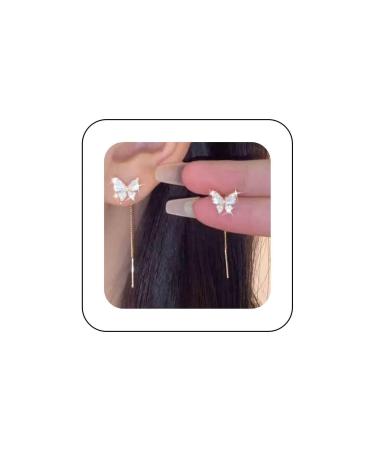 Vintage Crystal Butterfly Chain Earrings Butterfly Threader Tassel Earrings Cz Butterfly Bar Ear Threader Earrings Gold Bar Chain Drop Earrings Jewelry for Women