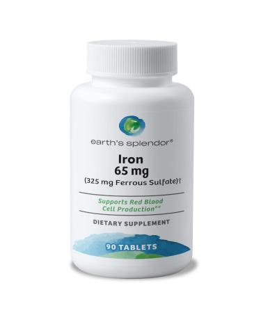 Earth's Splendor Iron 65mg USP 325mg Ferrous Sulfate Tablets - Energy Production Oxygen Transportation Overall Health - 3 Month Supply Iron 65 mg