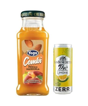 Yoga Pesca e Mandorla Lot de 24 jus de fruits avec p che et amande Boisson rafra chissante sans alcool Bouteille en verre jetable de 200 ml + 1 bo te de th glac San Benedetto au citron sans sucre