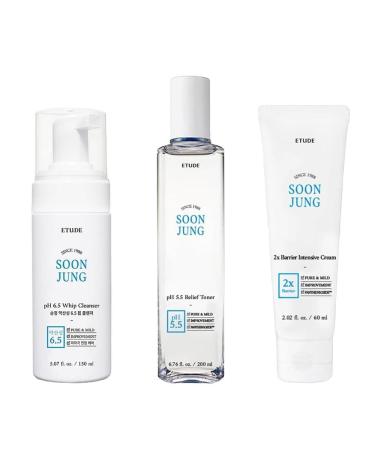 ETUDE Soonjung pH 6.5 Whip Cleanser (5.07 Fl Oz) + SoonJung pH5.5 Relief Toner (6.76 Fl Oz) + SoonJung 2x Barrier Intensive Cream Rich Moisture (2.02 fl oz)