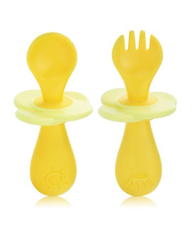 Vicloon Baby Fork and Spoon Set 2 Pcs Spoon & Fork Cutlery Set Infant Silicone Training Utensils for Baby Led Weaning Baby Utensils Self Feeding Learning Spoons for Kitchen Home Use Yellow