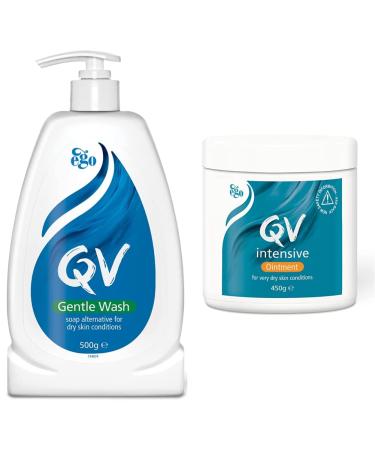 QV Gentle Wash 500g Soap-Free Moisturising Low Irritant PH Balanced Body Wash for Eczema and Dry Skin Conditions & Qv Intensive Ointment 450G 500 ml (Pack of 1) Pump Bottle + Intensive Ointment 450g