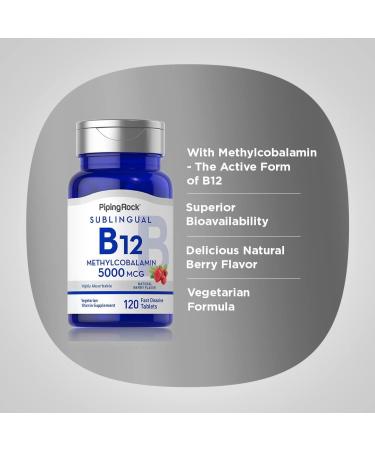 Piping Rock B12 Methylcobalamin 5000 mcg - 120 Fast Dissolve Tablets | Berry Flavor, Vegetarian & Gluten Free - Buy Online on GoSupps.com