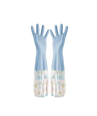 SEPTAM Cleaning Gloves Dishwashing Gloves Single Layer Household Chore Splicing Sleeve Waterproof Gloves Plush Elastic Band Mouth Rubber Gloves (Color : Blue Size : Medium)