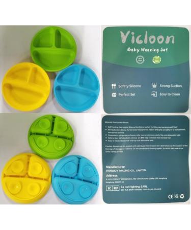 Vicloon 3Pcs Silicone Baby Suction Plates Set - Non Slip Divided Dishes for Toddler Self Feeding - Fits Most Highchairs - Blue/Green/Yellow - Buy Online on GoSupps.com