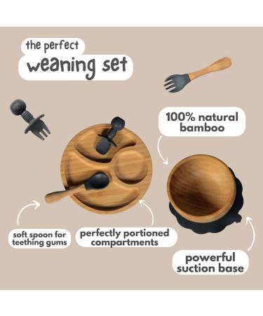 77 Star Bamboo Baby Weaning Set - Suction Bowl, Plate, Spoon & Fork | Non-Slip Baby Feeding Set with Detachable Suction Base | Grey Color - Buy Online on GoSupps.com