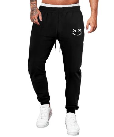 Renaowin Mens Sweatpants Lightweight Slim Fit Drawstring Waist with Pockets Joggers for Men Workout, Running, Gym Large A Black With Smiley Pattern