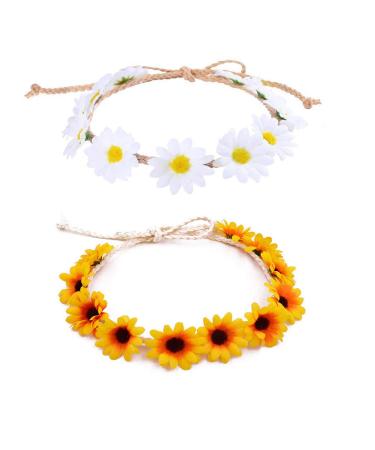 ShiQiao Spl Sunflower Crown Flower Headbands Wreath for Women Girls White Daisy Flower Headband Bridal Headpiece Party Festivals Head Band Hair Accessories 2pcs