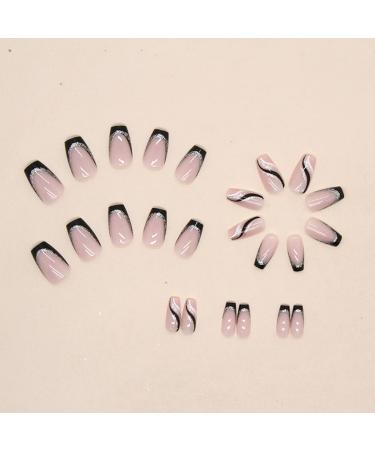 Black French Tip Press on Nails with Silver Glitter Line Design - 24Pcs Medium Length Square Fake Nails - Glossy Coffin Full Cover Nail Tips for Women - Buy Online on GoSupps.com