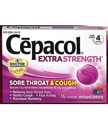 Cepacol Extra Strength Sore Throat Relief Lozenges Mixed Berry Cough Drops Maximum Numbing- Fast Acting Sore Throat & Canker Sore Relief with Dextromethorphan & Benzocaine 16 Count