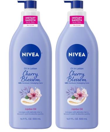 NIVEA Oil Infused Cherry Blossom and Jojoba Oil Body Lotion for Women Fast-Absorbing and Non-Greasy Cherry Blossom Scented Lotion Moisturizes for 48 Hours 16.9 Fl Oz Pump Bottle (Pack of 2) 16.9 Fl Oz (Pack of 2)